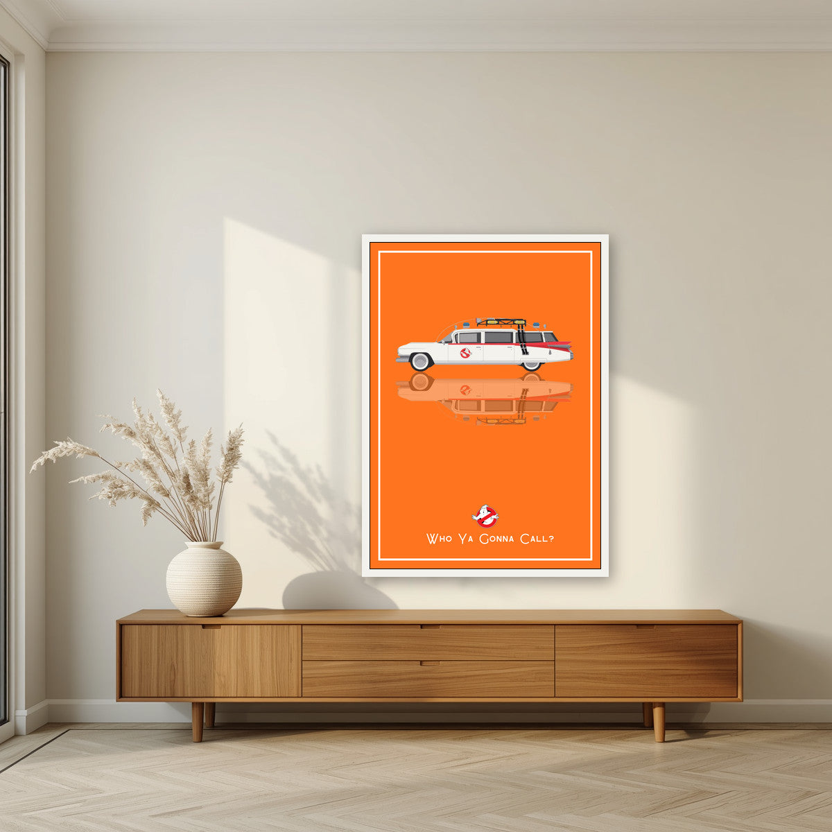 Who Ya Gonna Call? – Siren Orange art print, in a white frame, styled in a living room