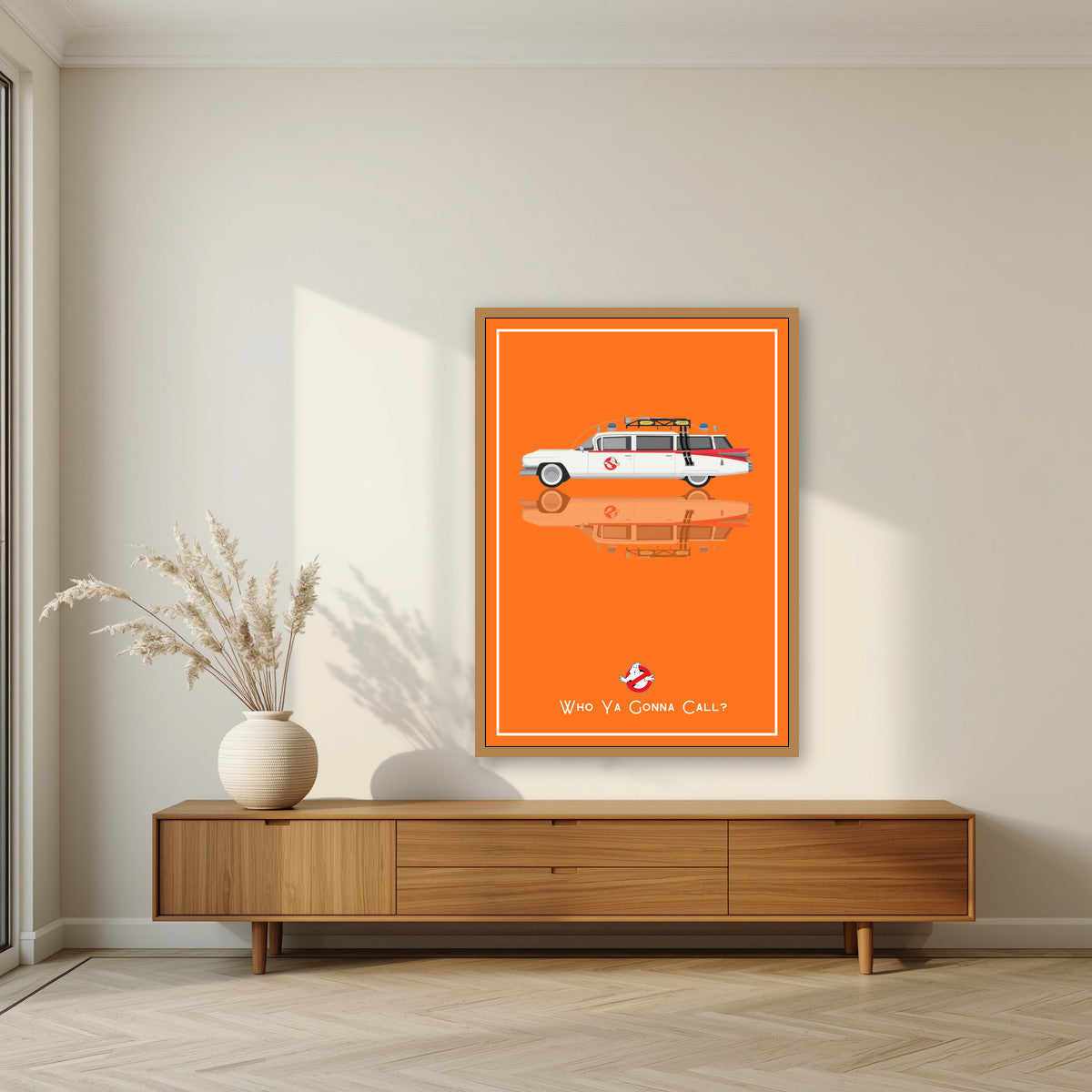 Who Ya Gonna Call? – Siren Orange art print, in an oak frame, styled in a living room