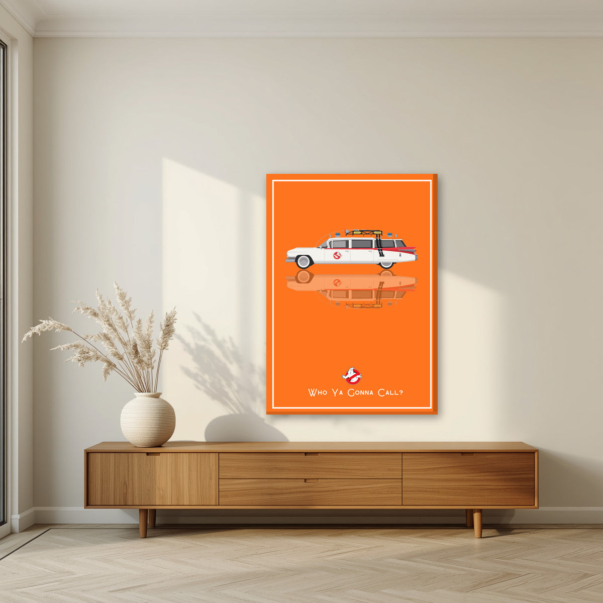 Who Ya Gonna Call? – Siren Orange art print, on slim canvas, styled in a living room