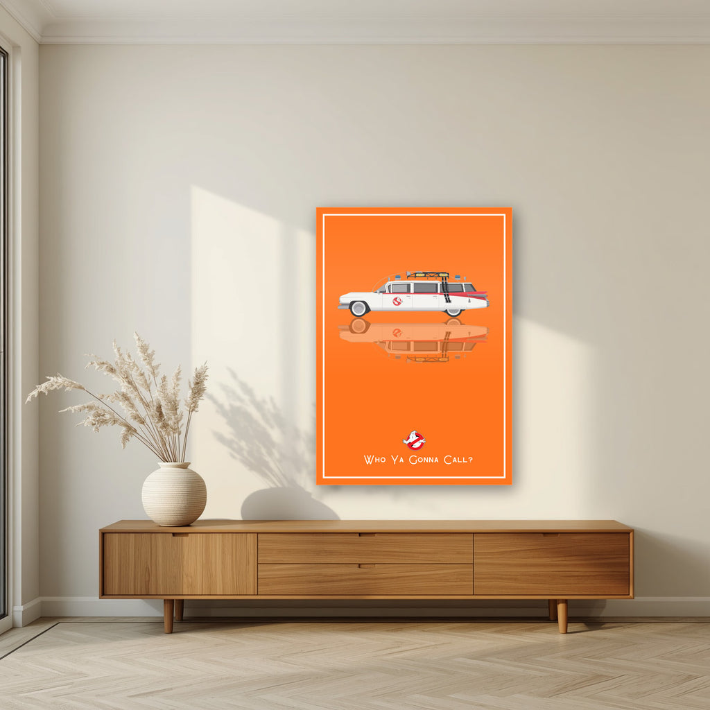 Who Ya Gonna Call? – Siren Orange art print, as an acrylic print, styled in a living room