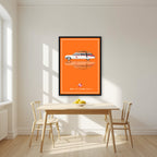 Who Ya Gonna Call? – Siren Orange art print, in a black frame, styled in a kitchen