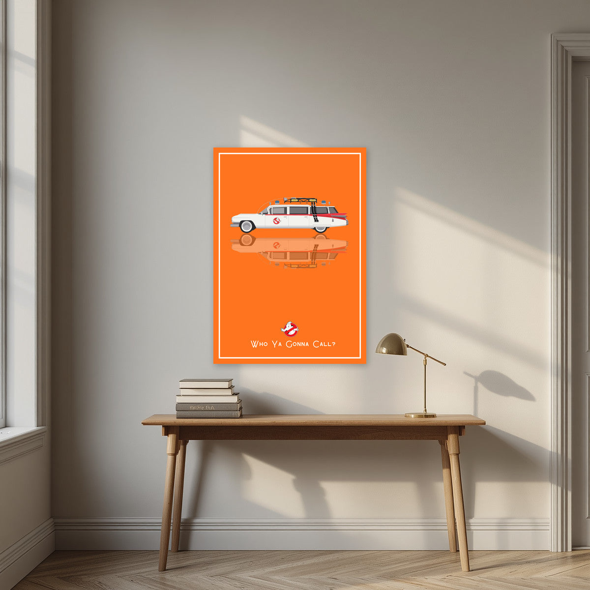Who Ya Gonna Call? – Siren Orange art print, unframed poster, styled in a desk