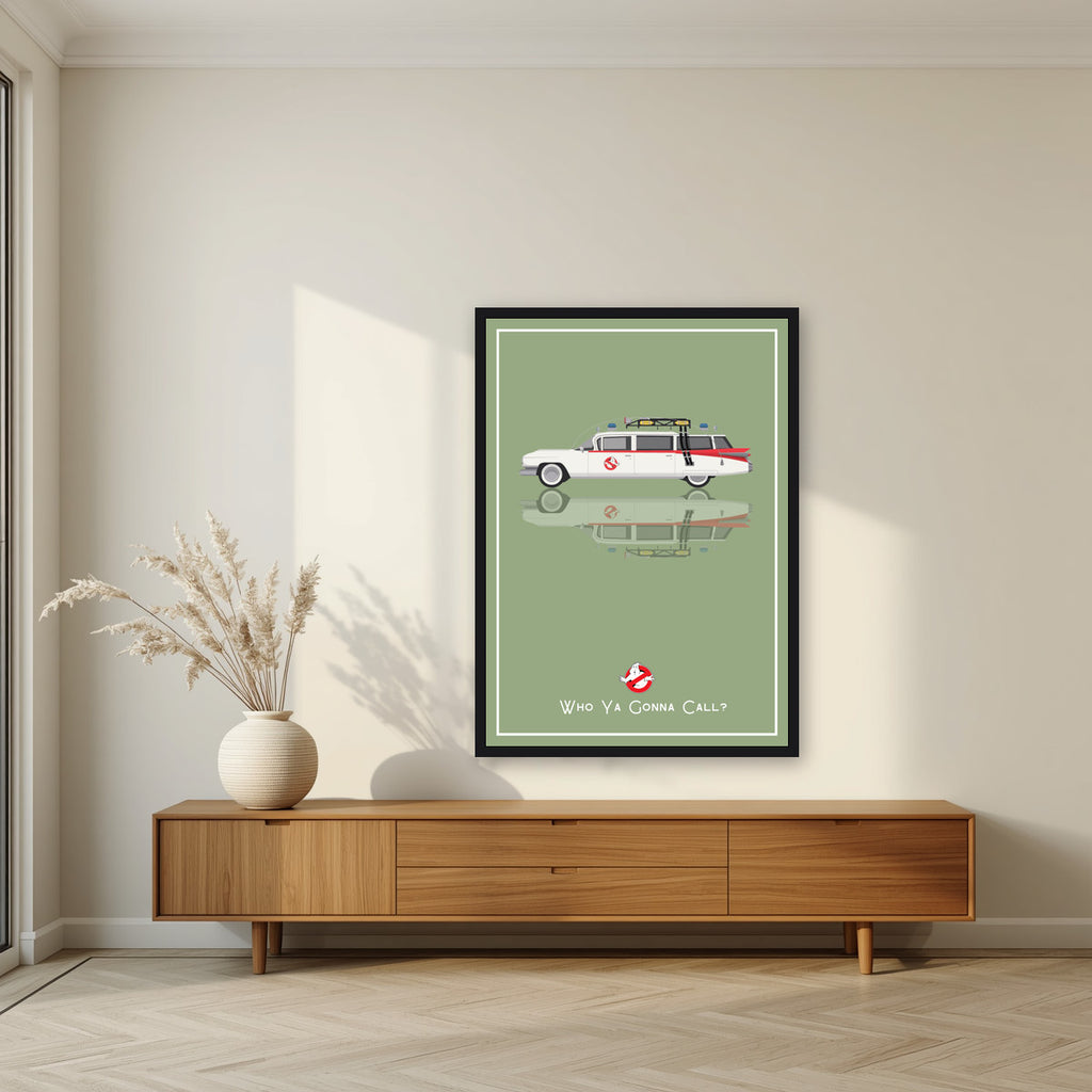 Who Ya Gonna Call? – Slime Green art print, in a black frame, styled in a living room