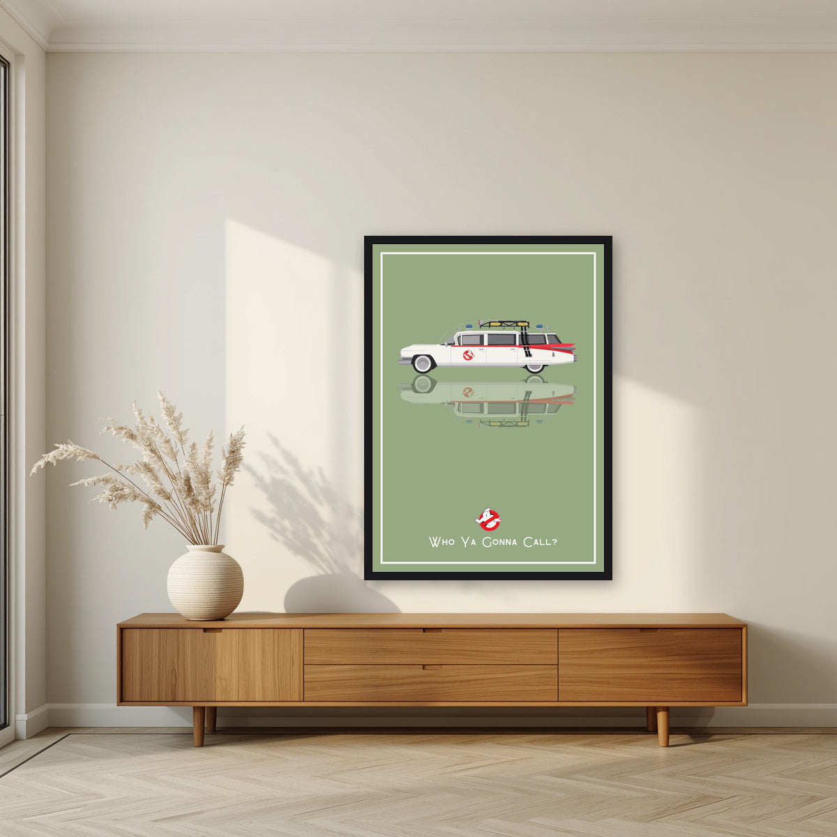Who Ya Gonna Call? – Slime Green art print, in a black frame, styled in a living room