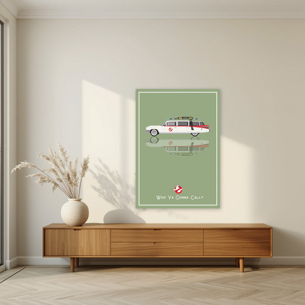 Who Ya Gonna Call? – Slime Green art print, unframed poster, styled in a living room