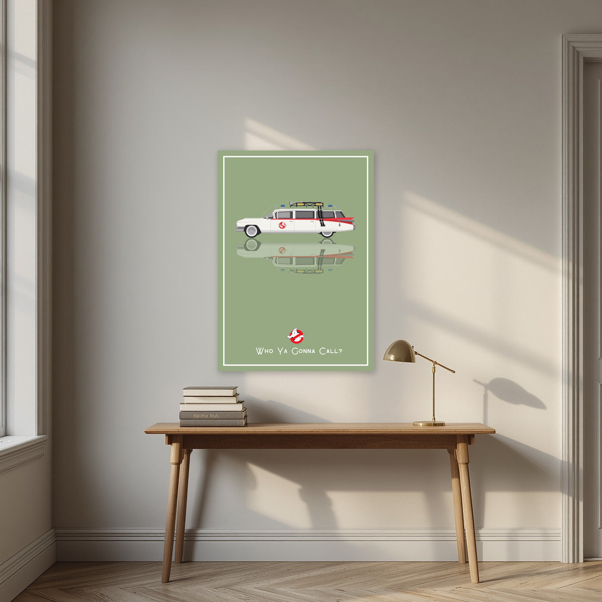 Who Ya Gonna Call? – Slime Green art print, unframed poster, styled in a desk