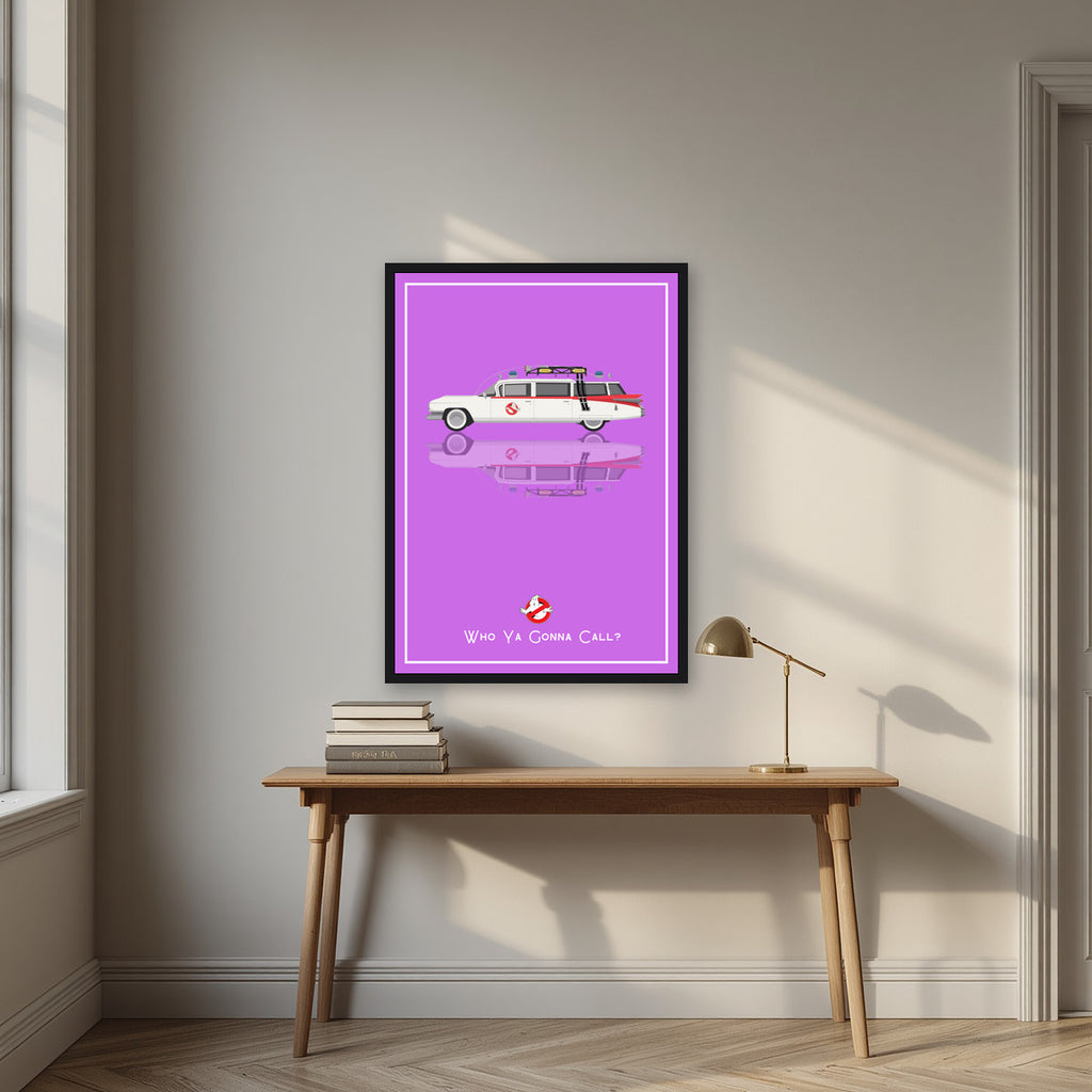 Who Ya Gonna Call? – Spectral Violet art print, in a black frame, styled in a desk