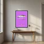 Who Ya Gonna Call? – Spectral Violet art print, in a black frame, styled in a desk