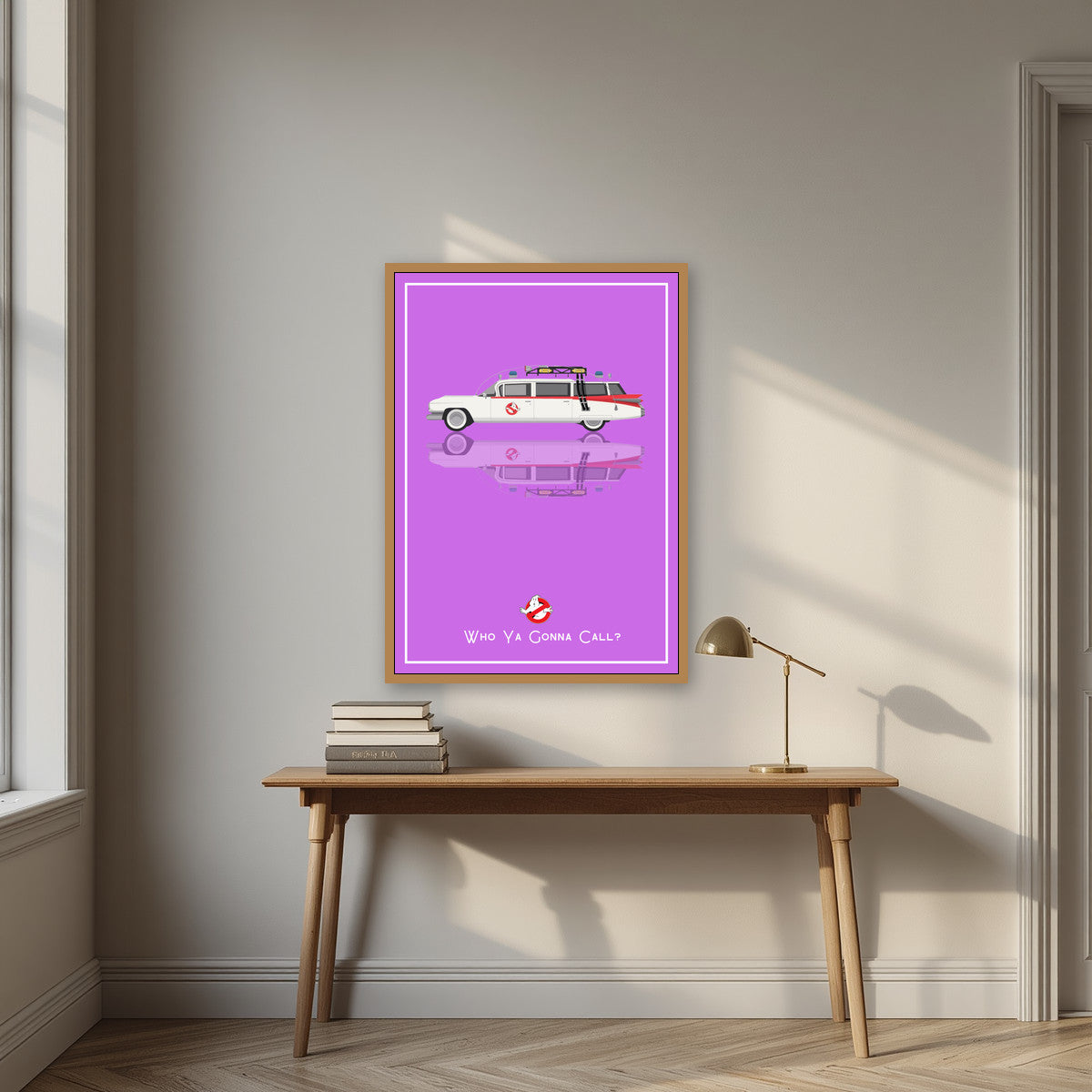 Who Ya Gonna Call? – Spectral Violet art print, in an oak frame, styled in a desk