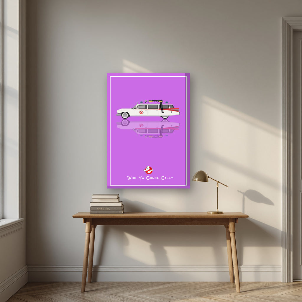 Who Ya Gonna Call? – Spectral Violet art print, on thick canvas, styled in a desk