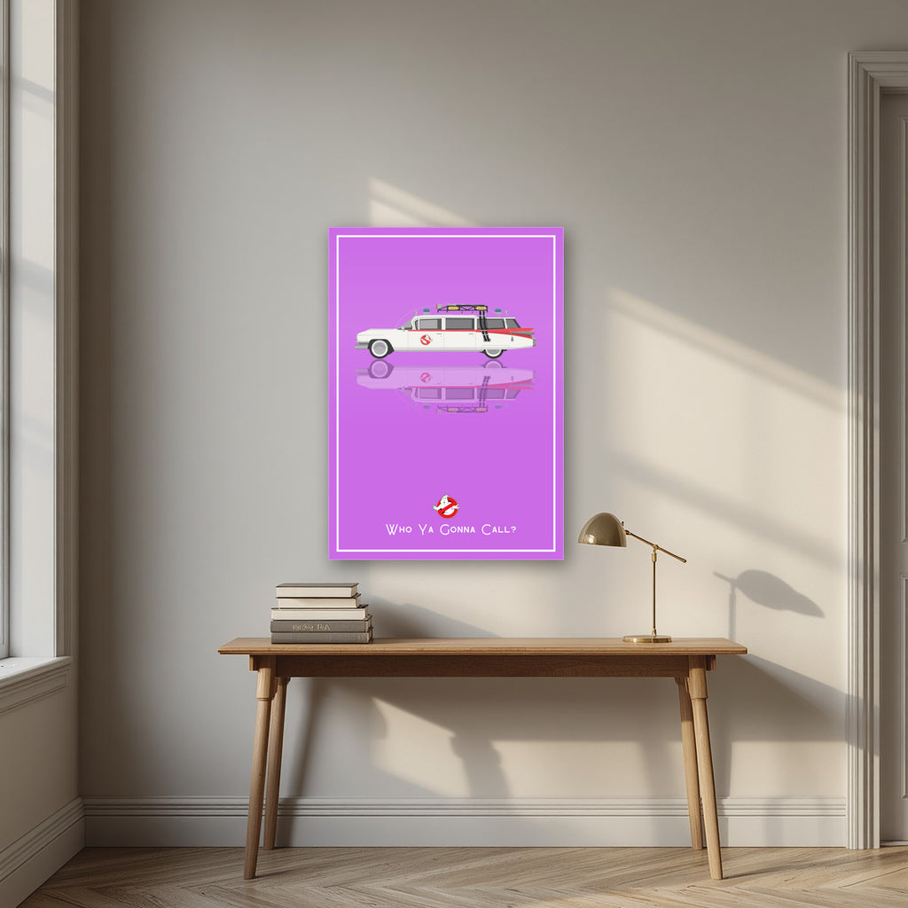 Who Ya Gonna Call? – Spectral Violet art print, as an acrylic print, styled in a desk