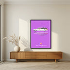 Who Ya Gonna Call? – Spectral Violet art print, in a black frame, styled in a living room