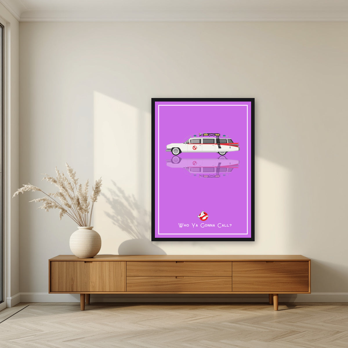 Who Ya Gonna Call? – Spectral Violet art print, in a black frame, styled in a living room