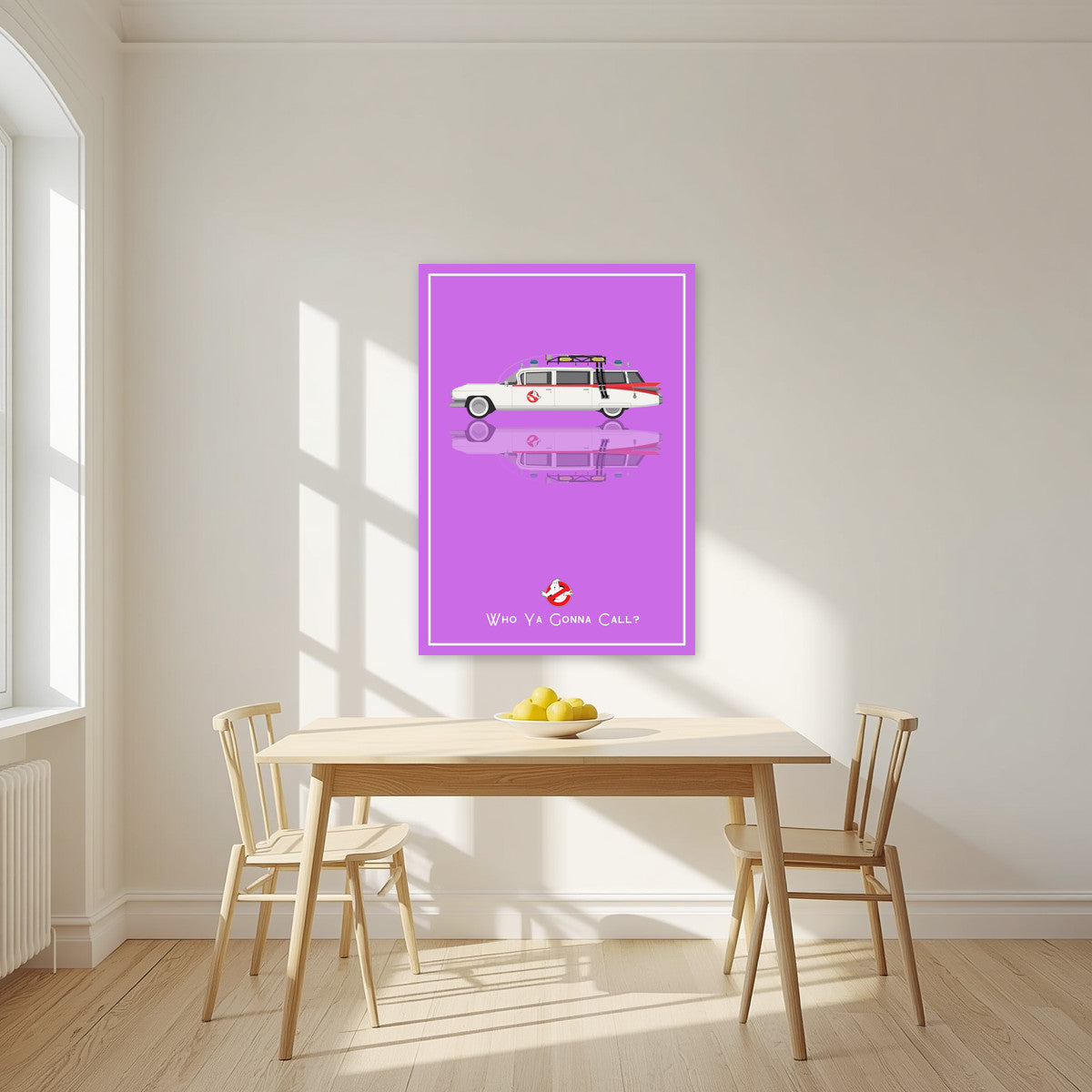 Who Ya Gonna Call? – Spectral Violet art print, unframed poster, styled in a kitchen