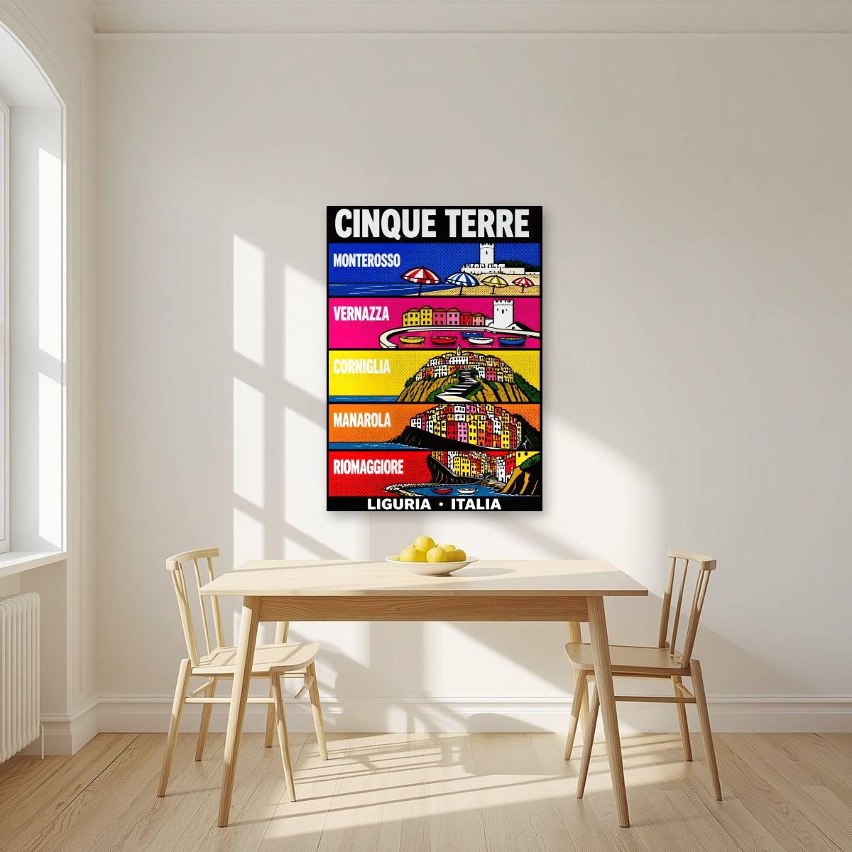 I Cinque Borghi — Cinque Terre art print, unframed poster, styled in a kitchen