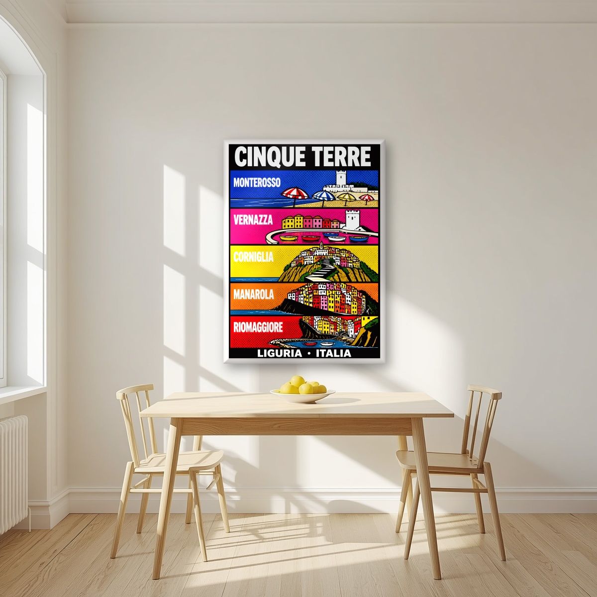I Cinque Borghi — Cinque Terre art print, in a white frame, styled in a kitchen