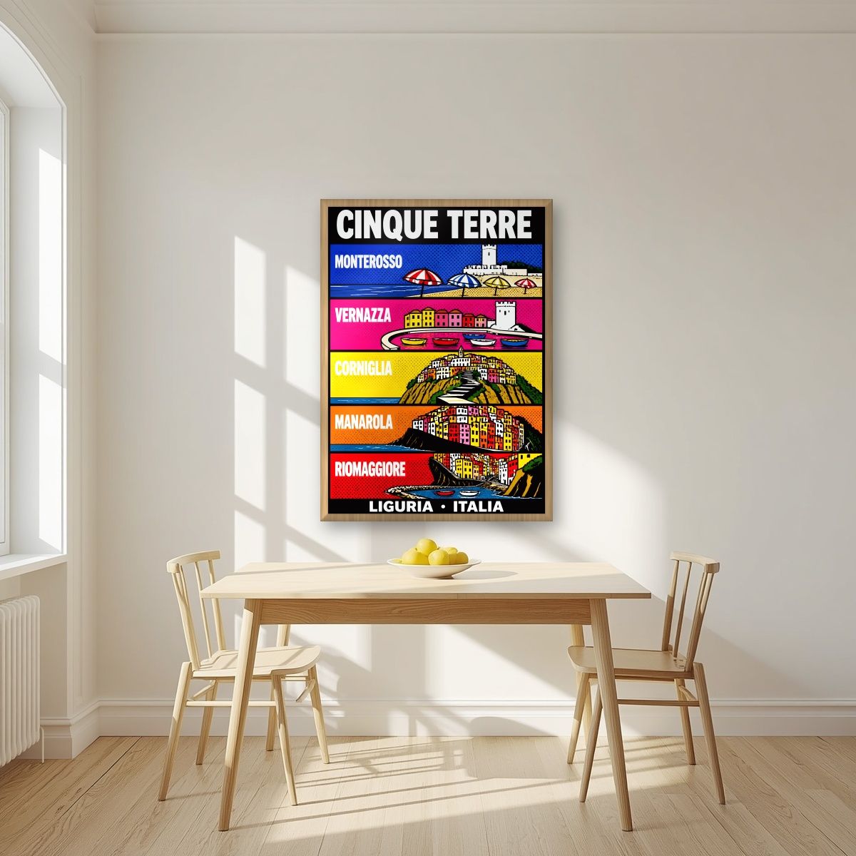 I Cinque Borghi — Cinque Terre art print, in an oak frame, styled in a kitchen