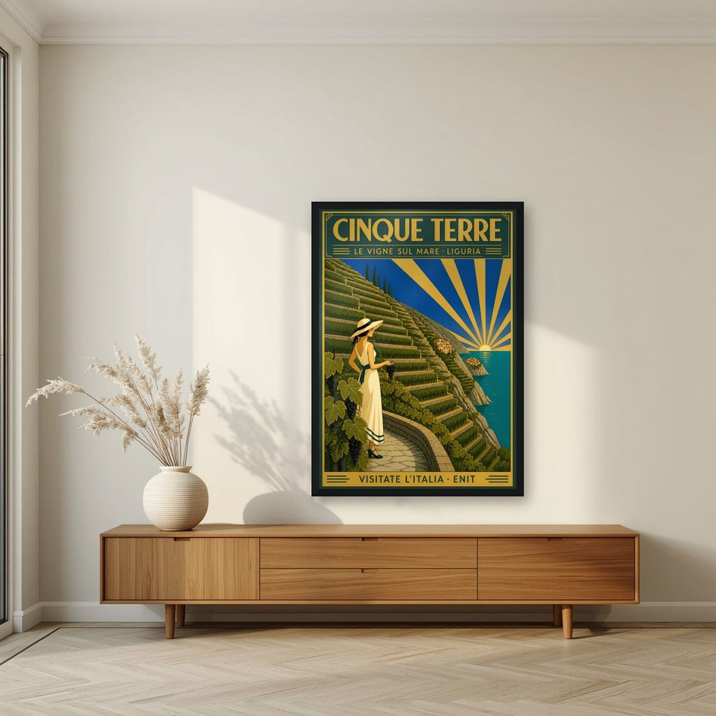 Le Vigne Sul Mare — Cinque Terre art print, in a black frame, styled in a living room