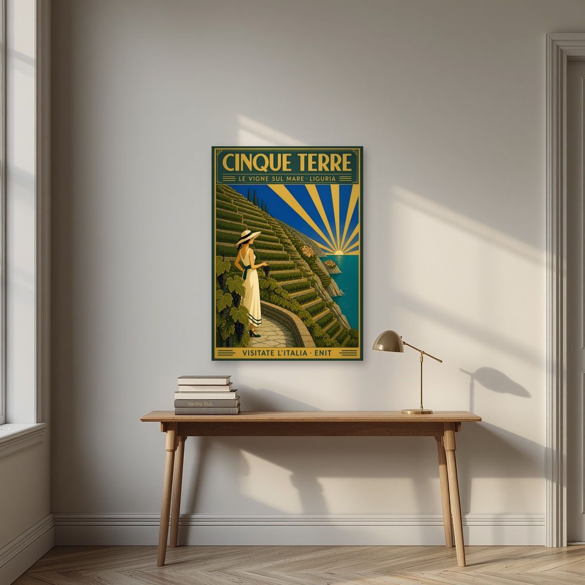 Le Vigne Sul Mare — Cinque Terre art print, unframed poster, styled in a desk