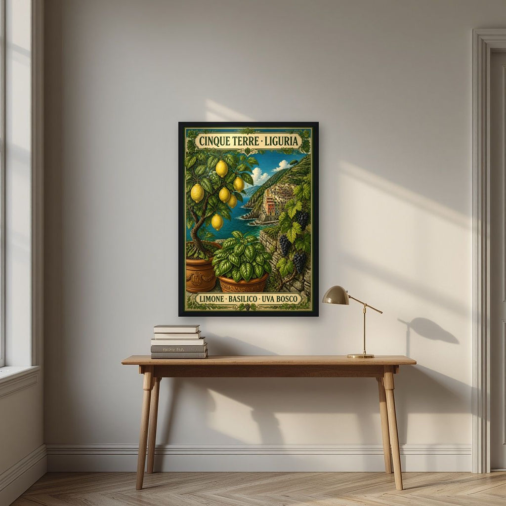 Limone Basilico Uva Bosco — Cinque Terre art print, in a black frame, styled in a desk