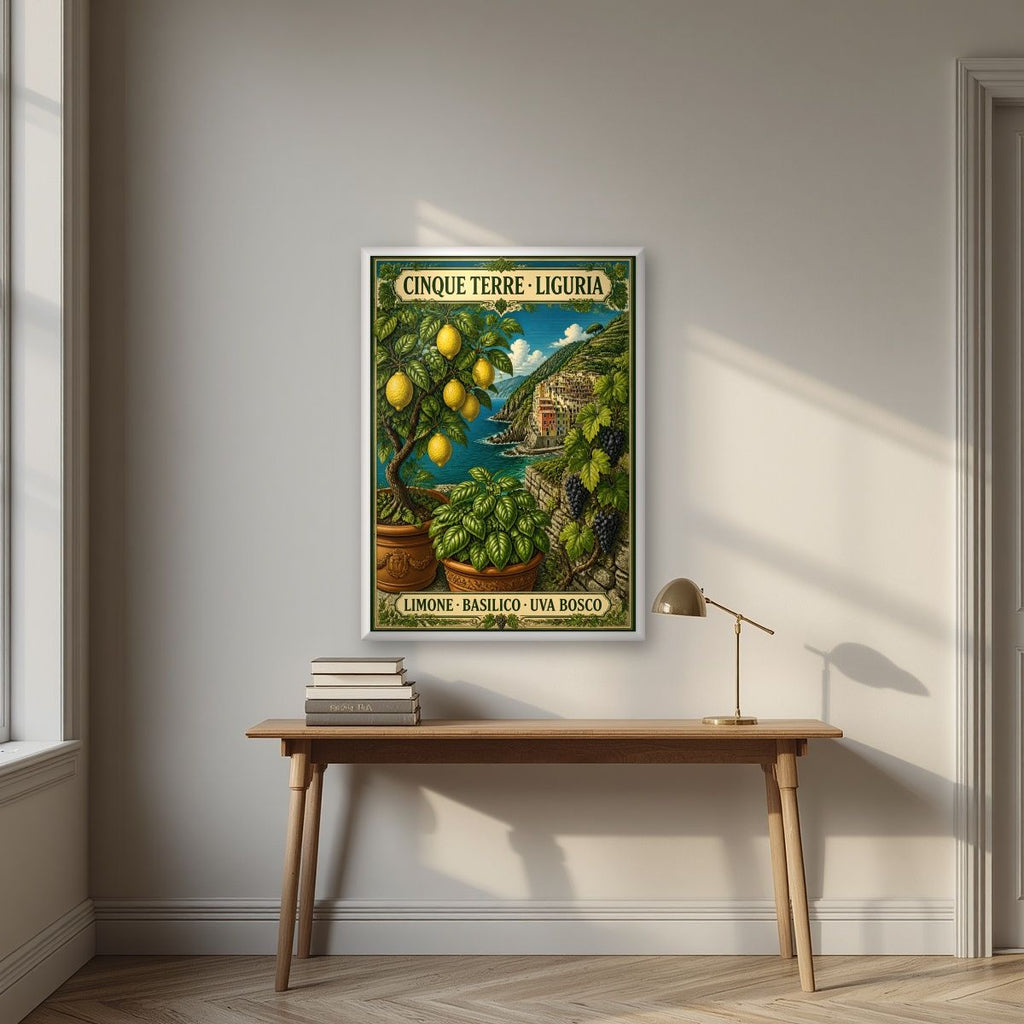Limone Basilico Uva Bosco — Cinque Terre art print, in a white frame, styled in a desk