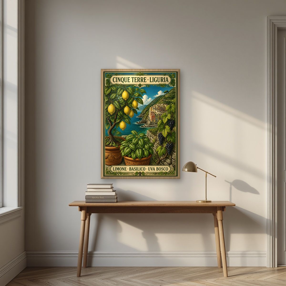 Limone Basilico Uva Bosco — Cinque Terre art print, in an oak frame, styled in a desk