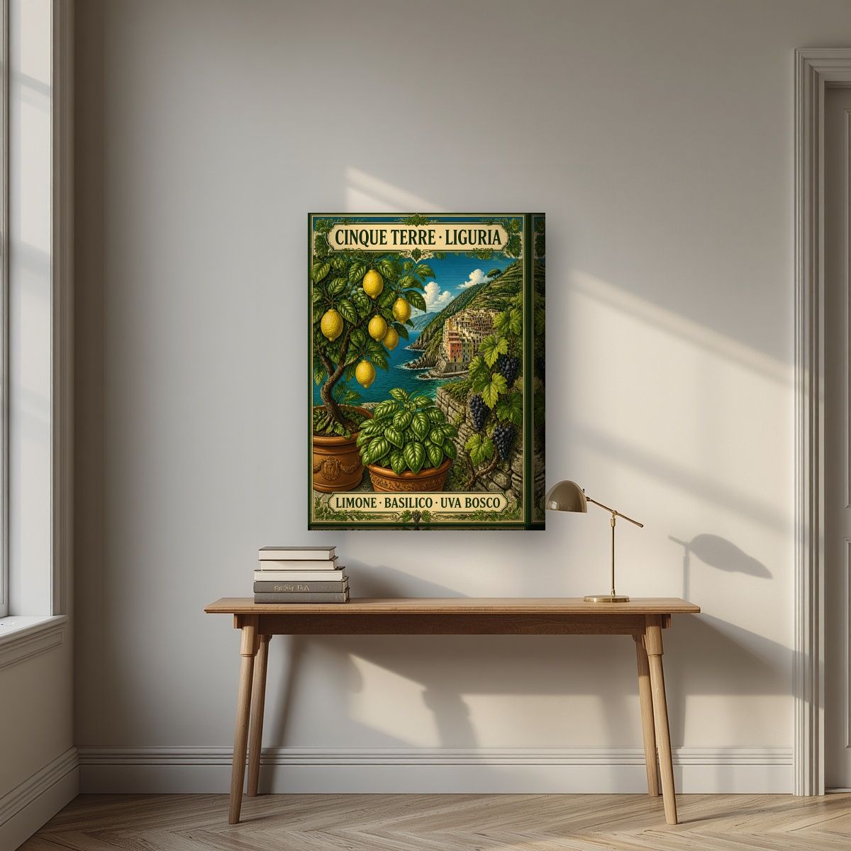 Limone Basilico Uva Bosco — Cinque Terre art print, on thick canvas, styled in a desk