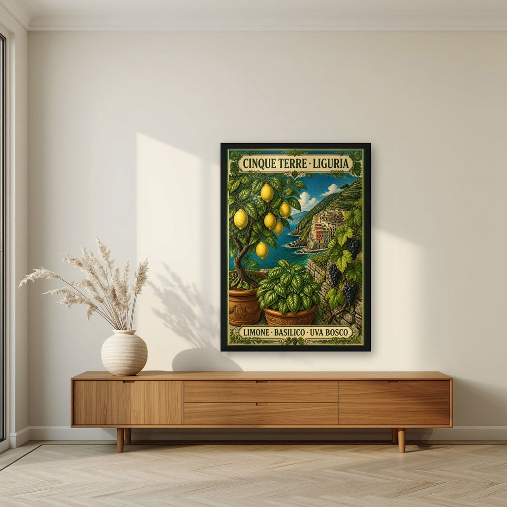 Limone Basilico Uva Bosco — Cinque Terre art print, in a black frame, styled in a living room
