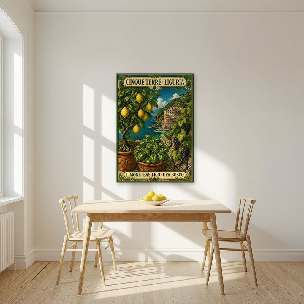 Limone Basilico Uva Bosco — Cinque Terre art print, unframed poster, styled in a kitchen