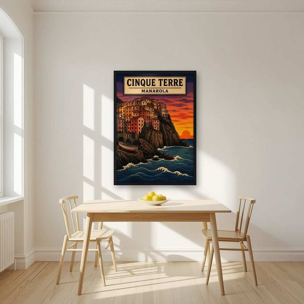 Manarola Al Tramonto — Cinque Terre art print, in a black frame, styled in a kitchen