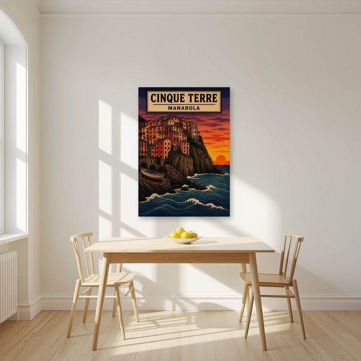 Manarola Al Tramonto — Cinque Terre art print, unframed poster, styled in a kitchen