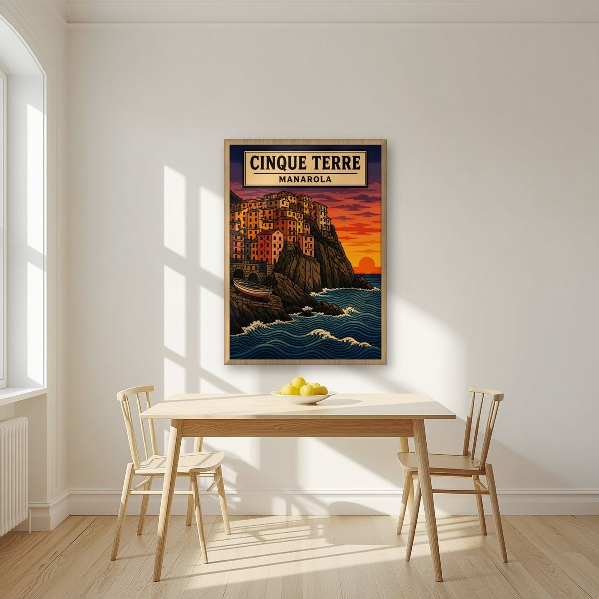 Manarola Al Tramonto — Cinque Terre art print, in an oak frame, styled in a kitchen