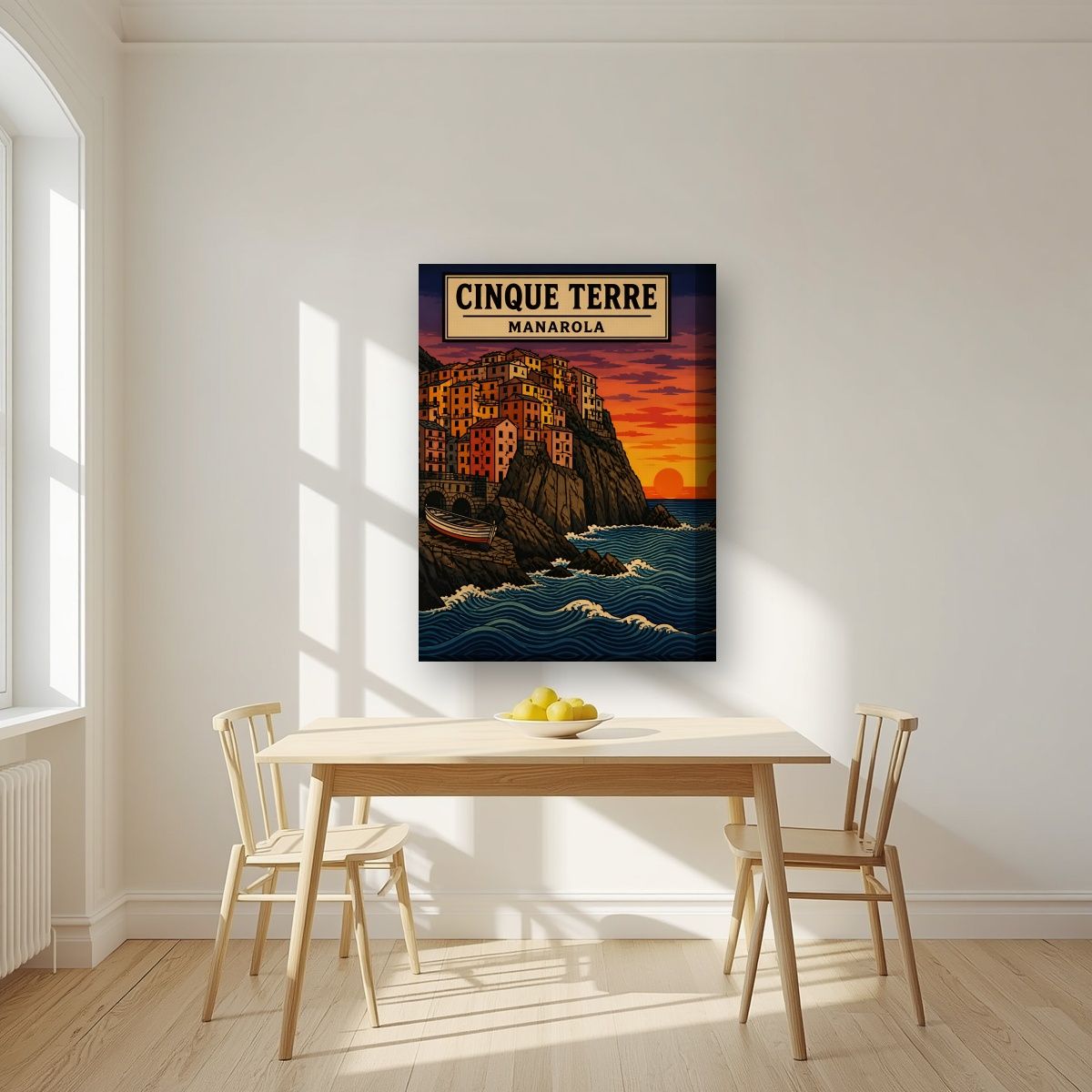 Manarola Al Tramonto — Cinque Terre art print, on thick canvas, styled in a kitchen
