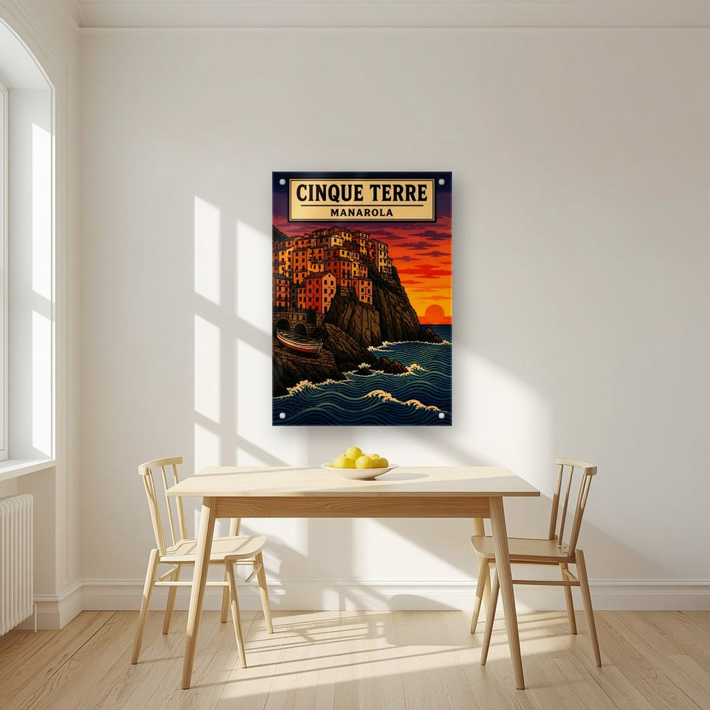 Manarola Al Tramonto — Cinque Terre art print, as an acrylic print, styled in a kitchen