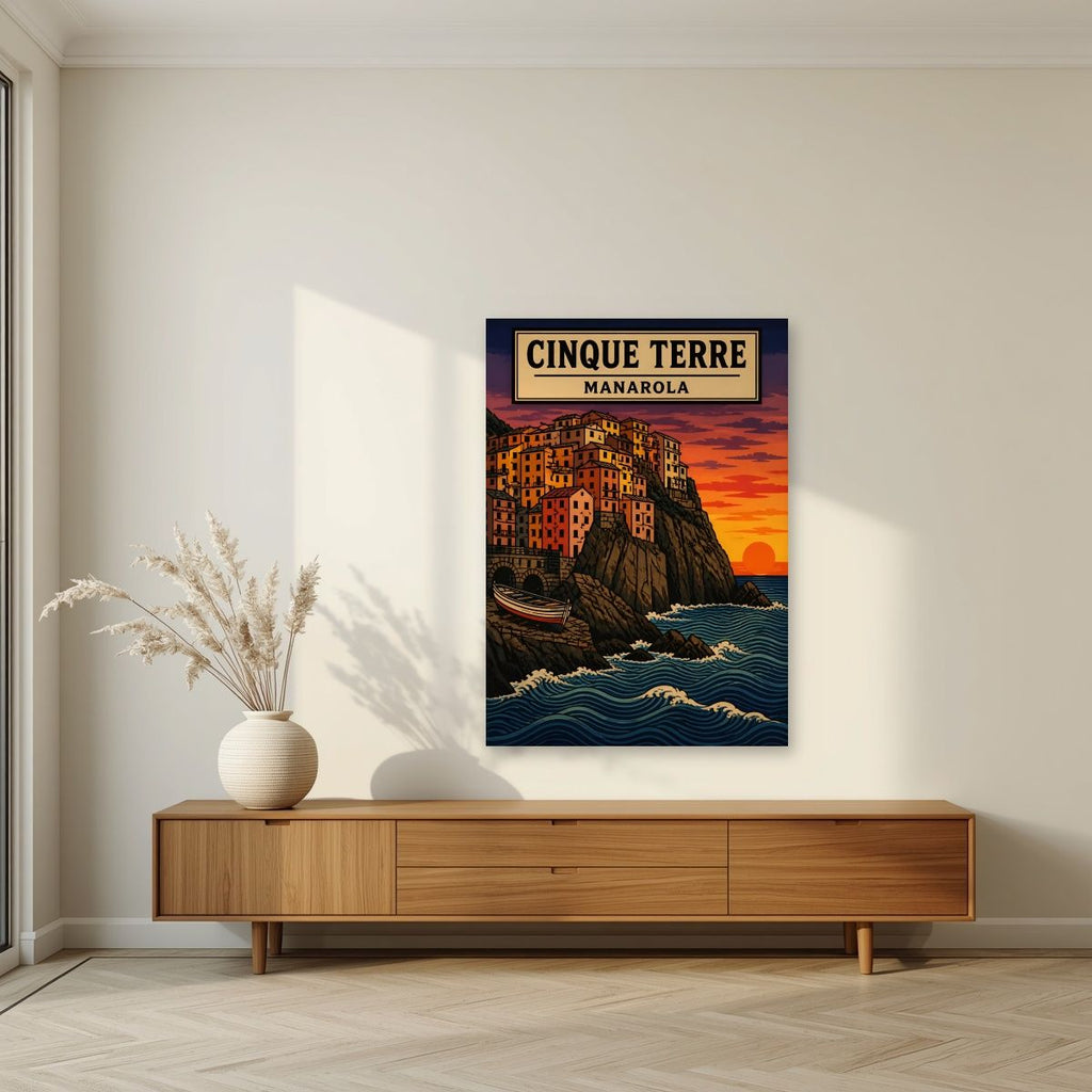 Manarola Al Tramonto — Cinque Terre art print, unframed poster, styled in a living room