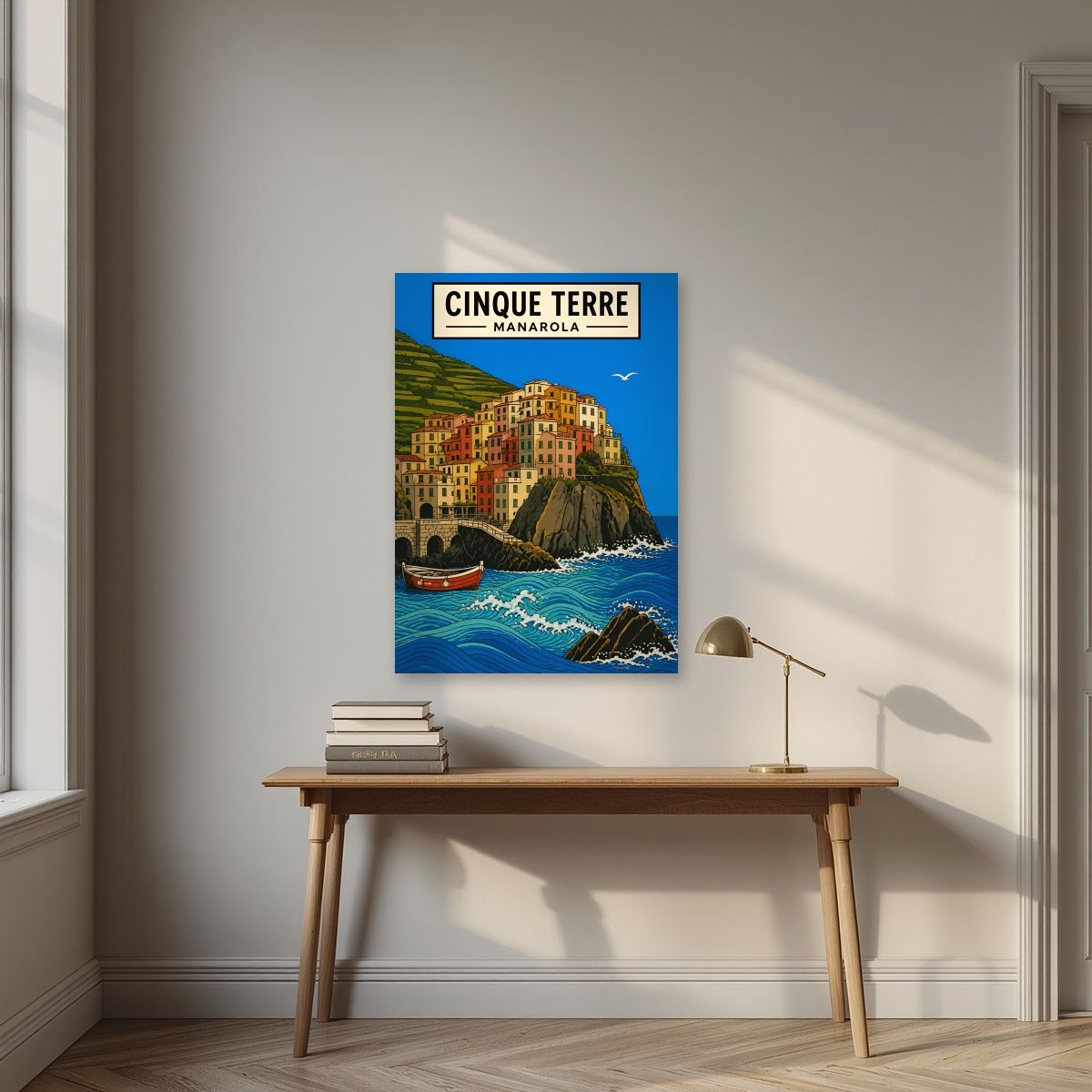 Manarola Blu — Cinque Terre art print, unframed poster, styled in a desk