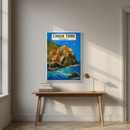 Manarola Blu — Cinque Terre art print, in a white frame, styled in a desk