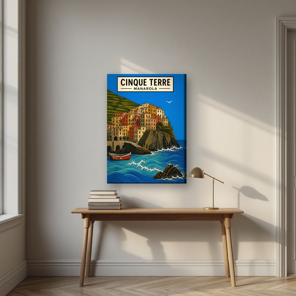 Manarola Blu — Cinque Terre art print, on slim canvas, styled in a desk