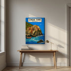 Manarola Blu — Cinque Terre art print, on slim canvas, styled in a desk
