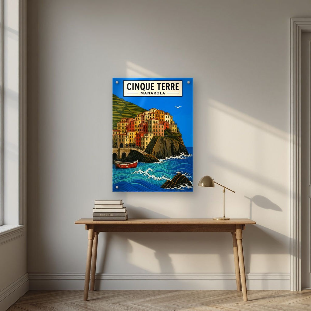 Manarola Blu — Cinque Terre art print, as an acrylic print, styled in a desk