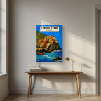 Manarola Blu — Cinque Terre art print, as an acrylic print, styled in a desk