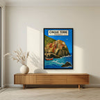 Manarola Blu — Cinque Terre art print, in a black frame, styled in a living room