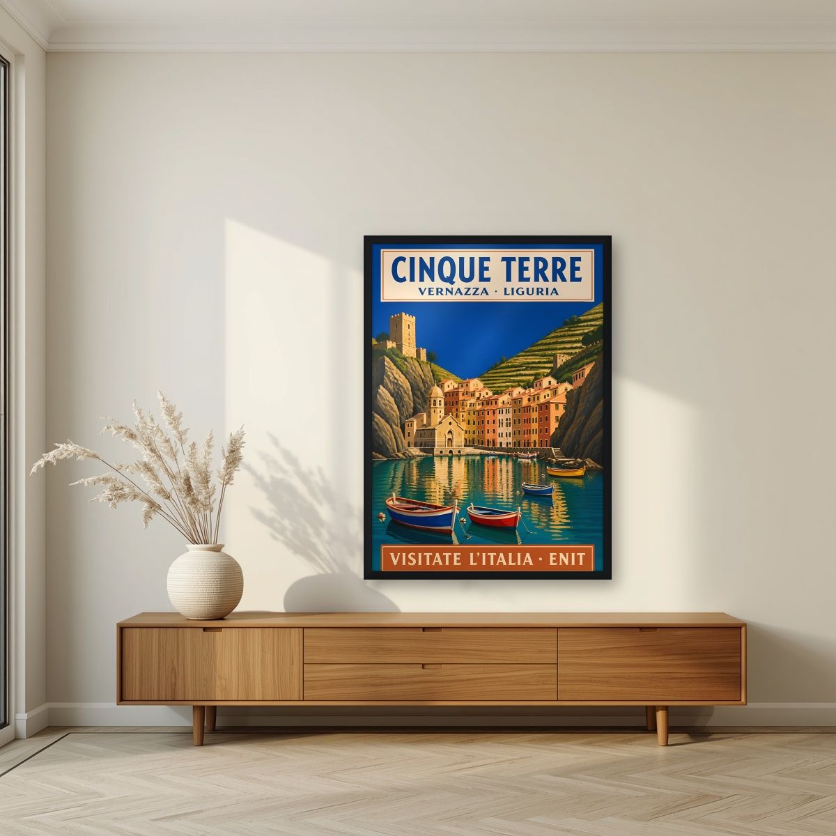 Vernazza — Cinque Terre art print, in a black frame, styled in a living room