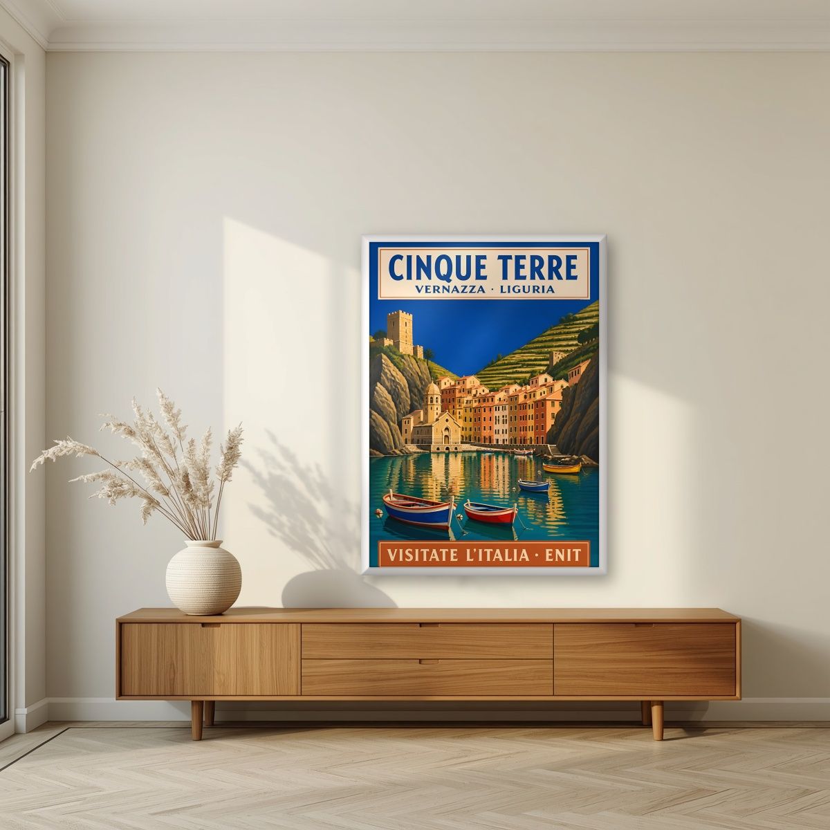 Vernazza — Cinque Terre art print, in a white frame, styled in a living room