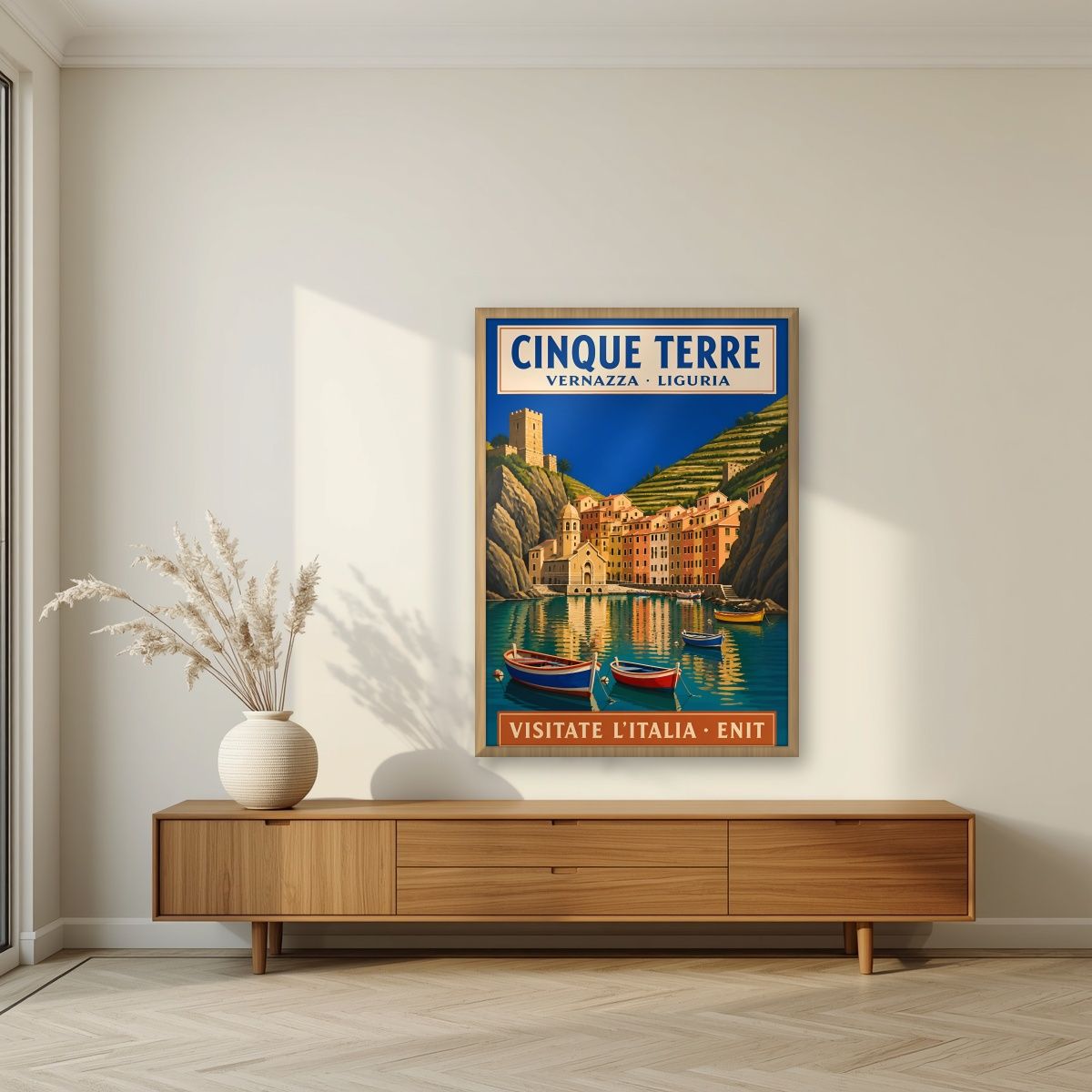 Vernazza — Cinque Terre art print, in an oak frame, styled in a living room