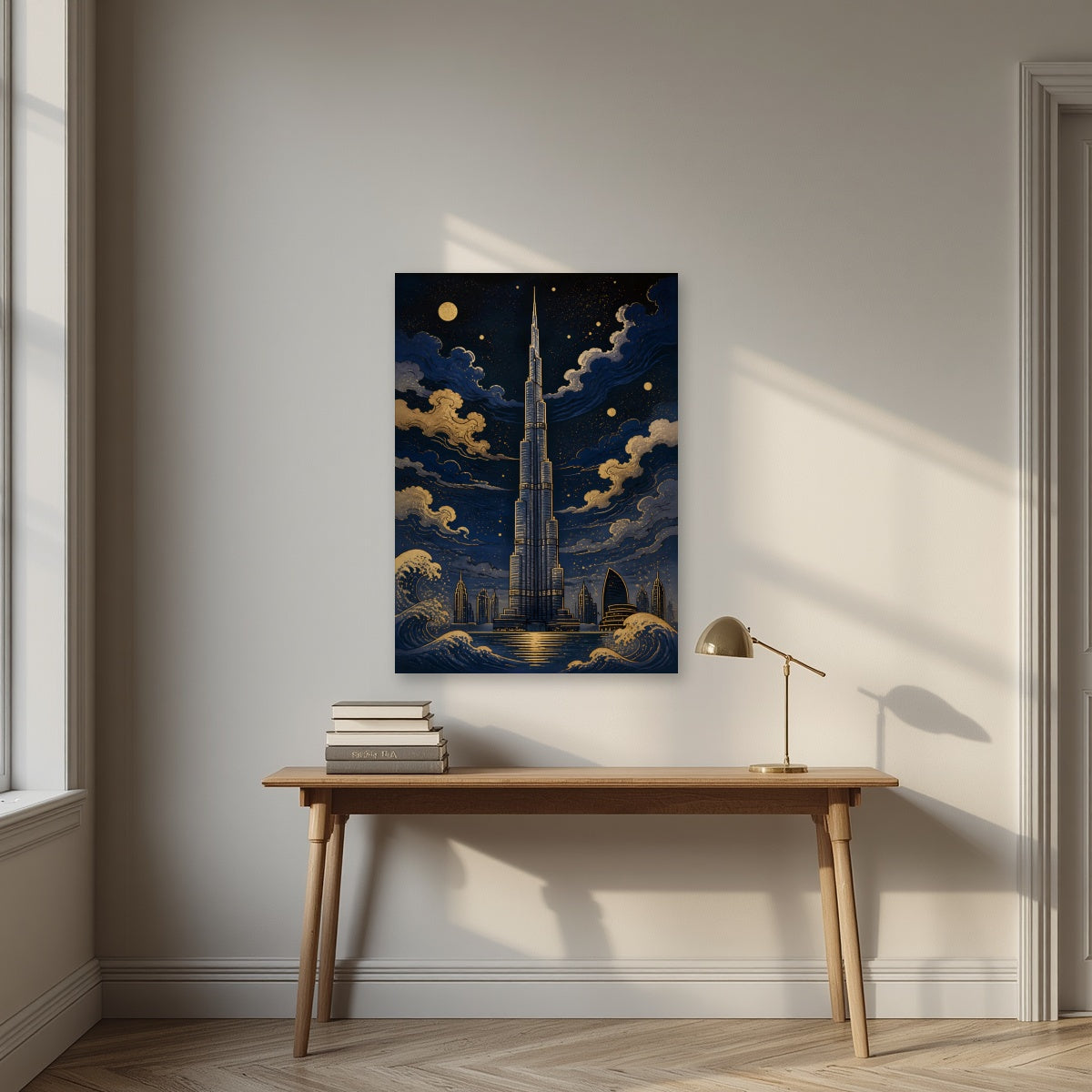 Burj by Moonlight as an unframed print, above an oak writing desk