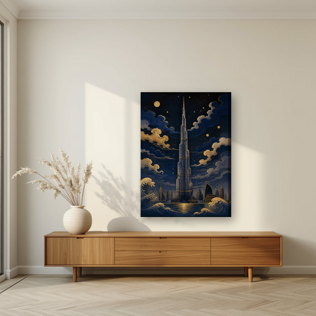 Burj by Moonlight on a slim-edge canvas, above a walnut sideboard in a living room