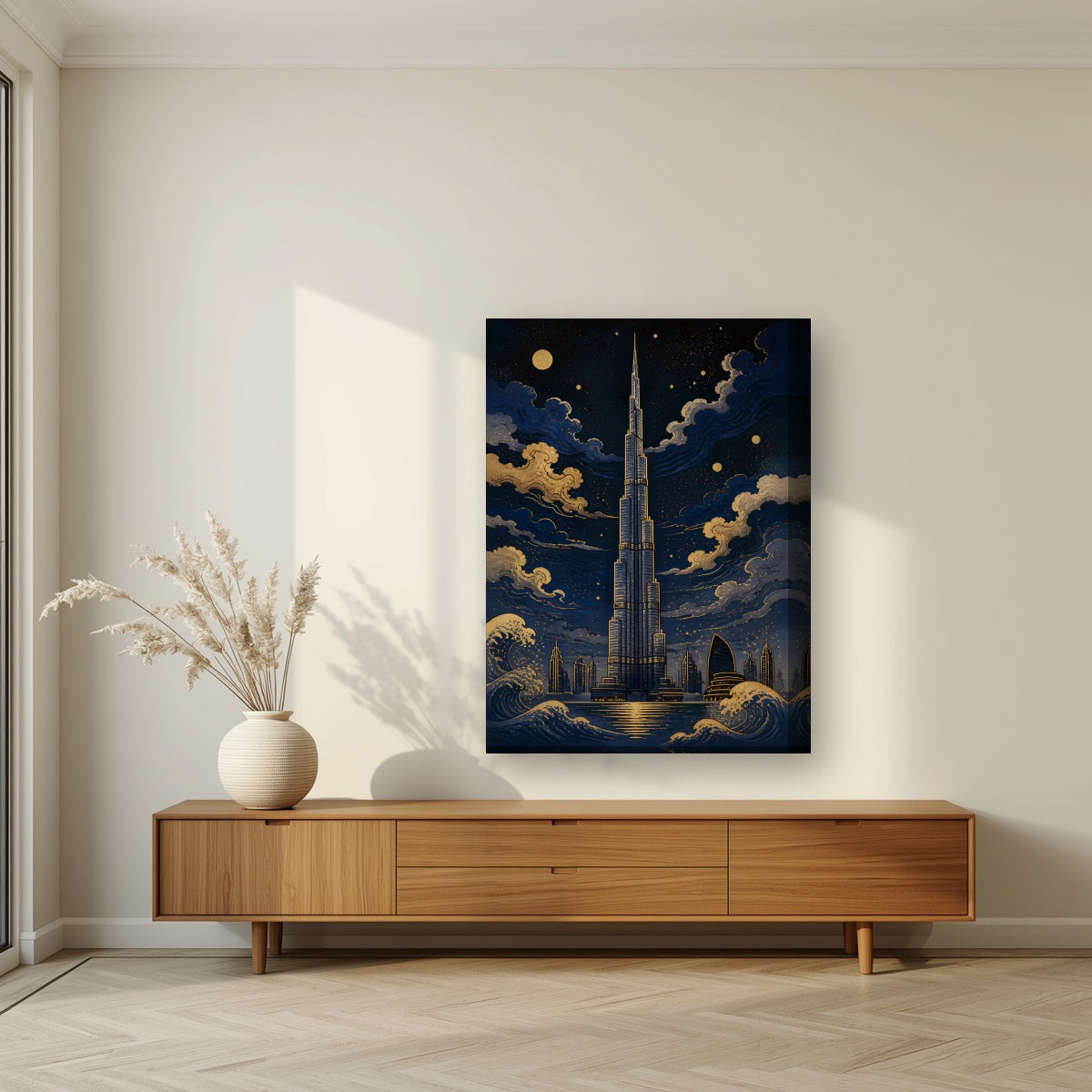 Burj by Moonlight on a thick-edge canvas, above a walnut sideboard in a living room