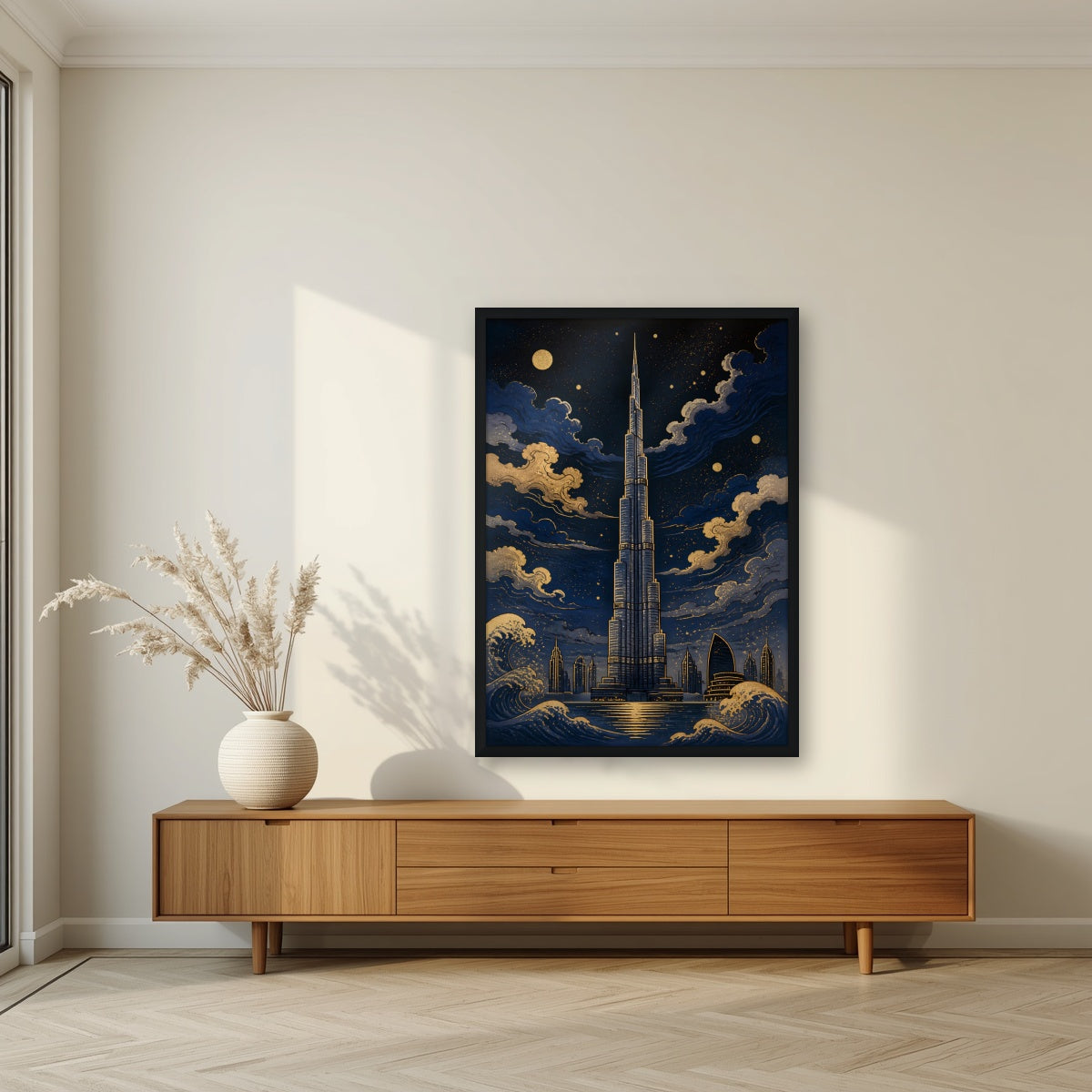 Burj by Moonlight in a black frame, above a walnut sideboard in a living room