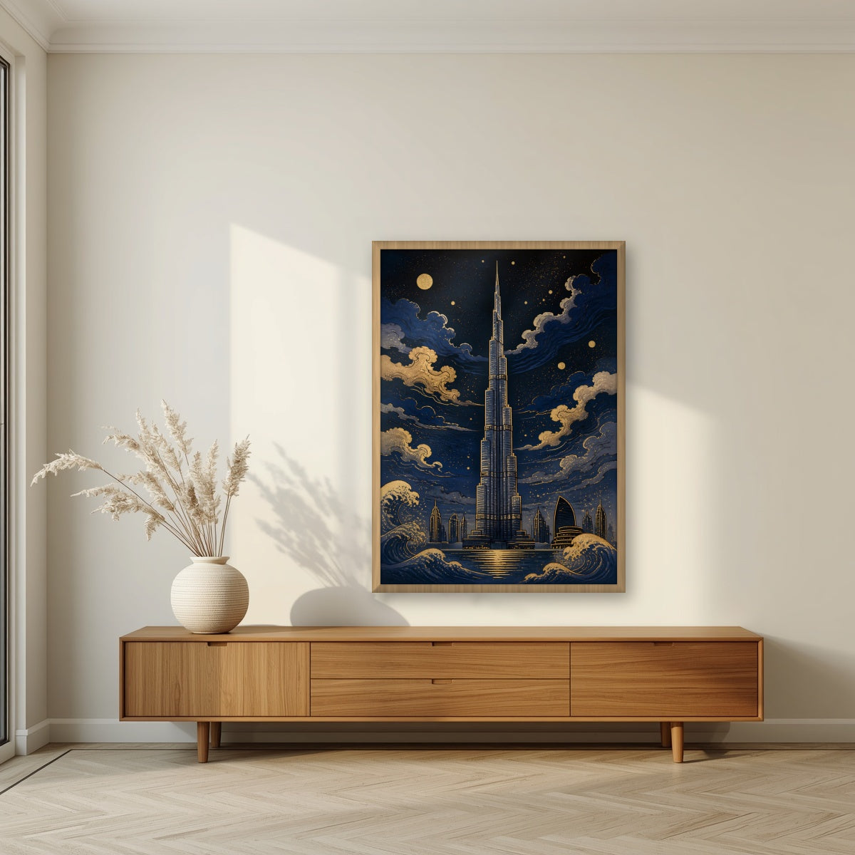 Burj by Moonlight in an oak frame, above a walnut sideboard in a living room